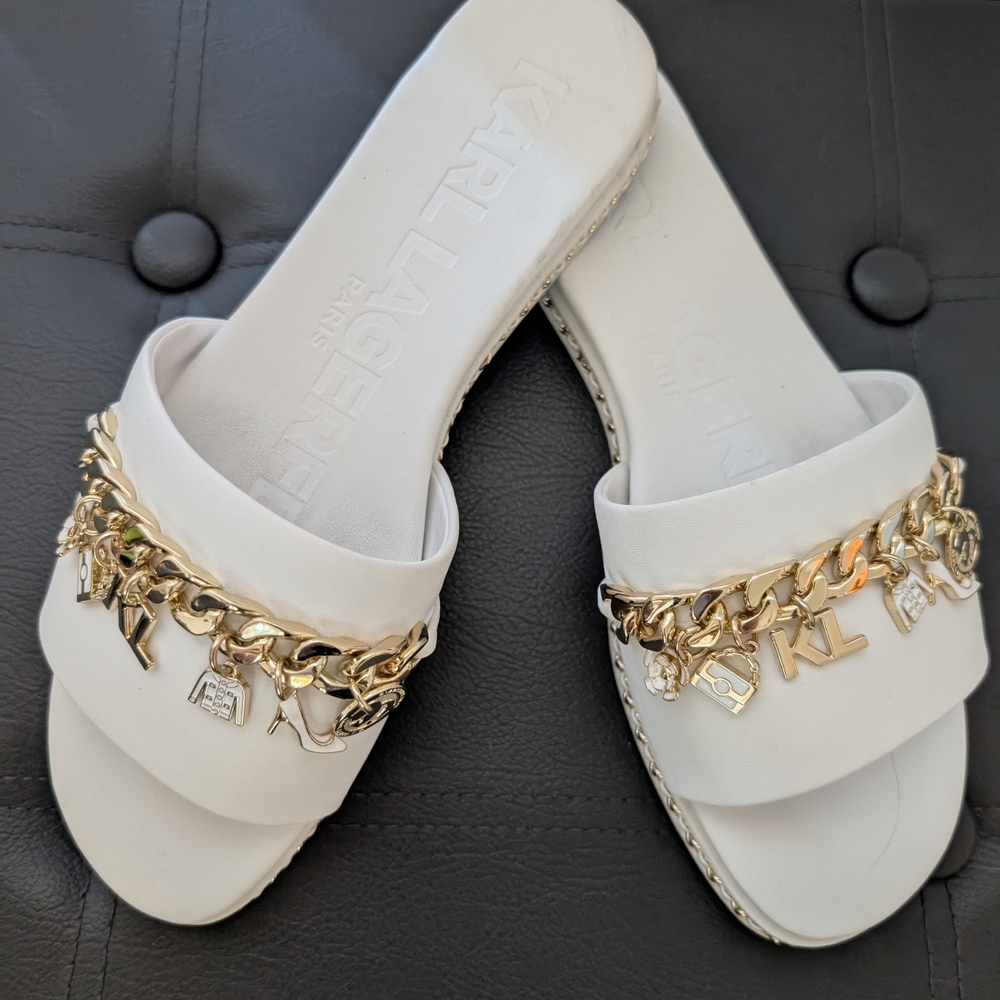 Karl Lagerfeld White Sandals with Gold Accents